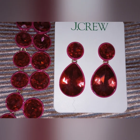 NWT J. Crew Sparkly Double-Drop Necklace/Earrings Pink - Picture 5 of 9